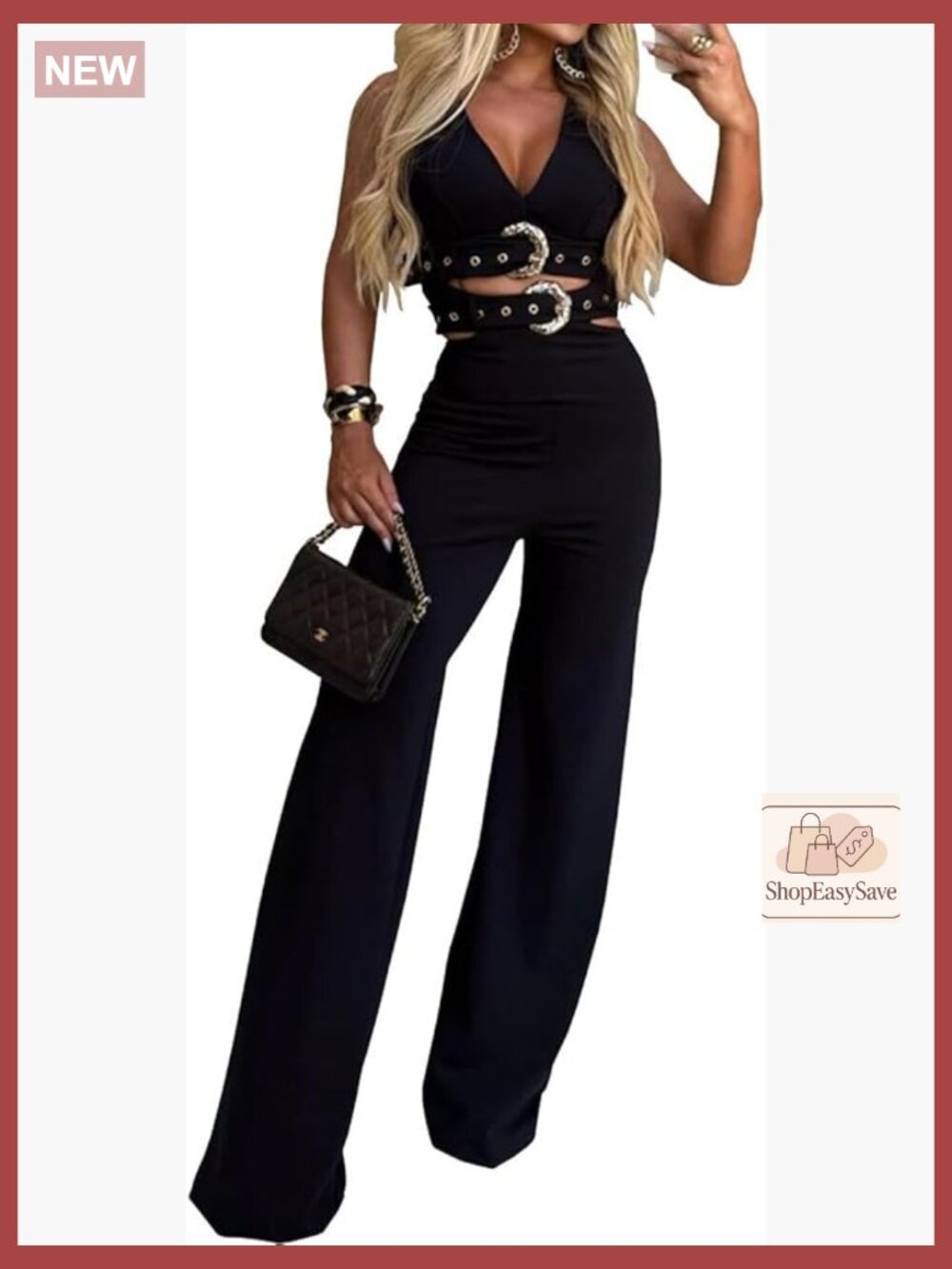 Sleeveless V Neck Halter Top Wide Leg Pant 2 Piece Set Y2K Going Out Outfit